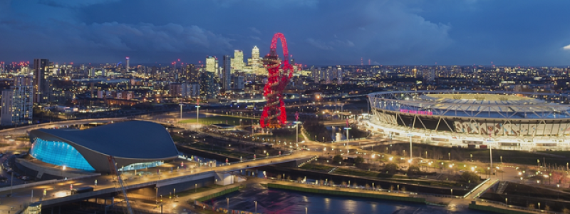 Queen Elizabeth Olympic Park lit up in the evening