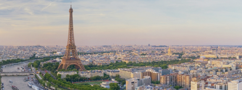 Paris skyline with Eiffel Tower next to the Seine